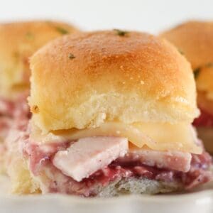 Three turkey cranberry sandwiches being served on a plate.