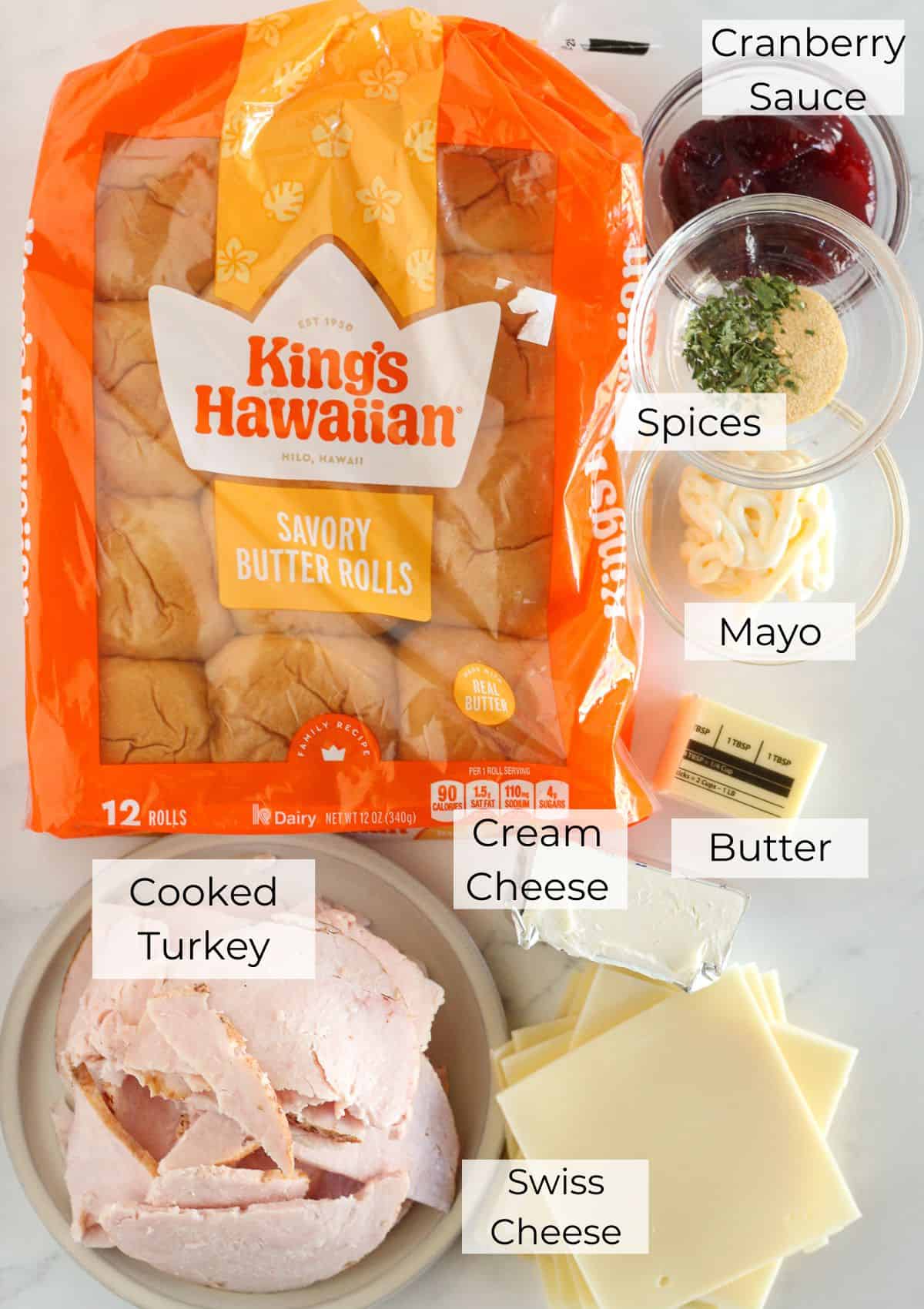 The ingredients needed to make turkey and cranberry sliders.