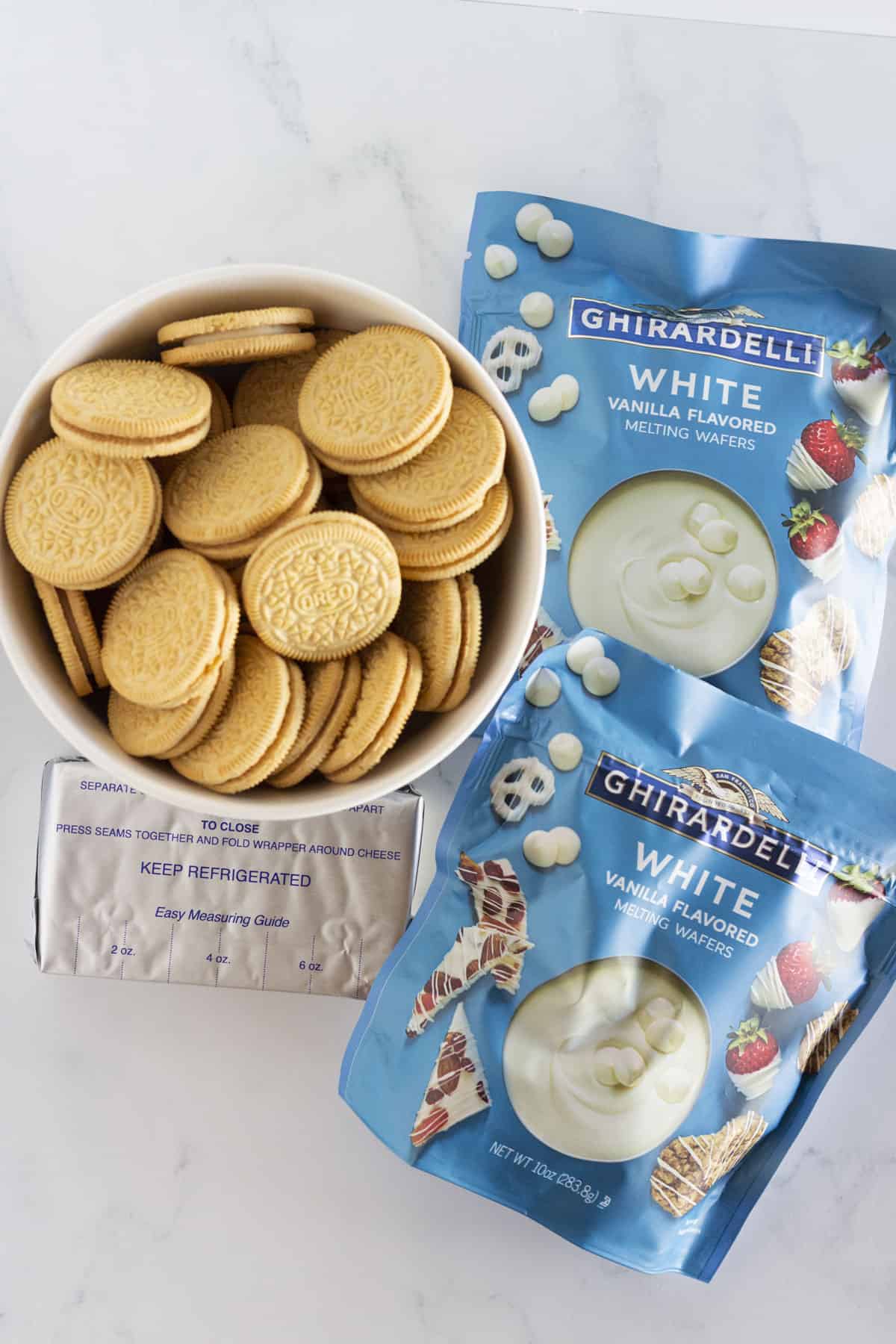 The 3 ingredients needed to make Golden Oreo Truffles.