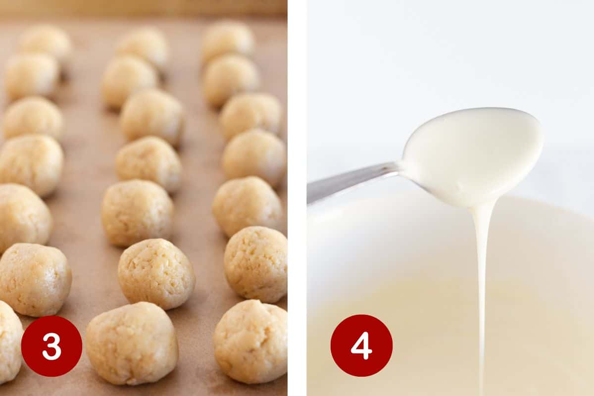 Rolling the filling into balls and melting the chocolate until smooth.