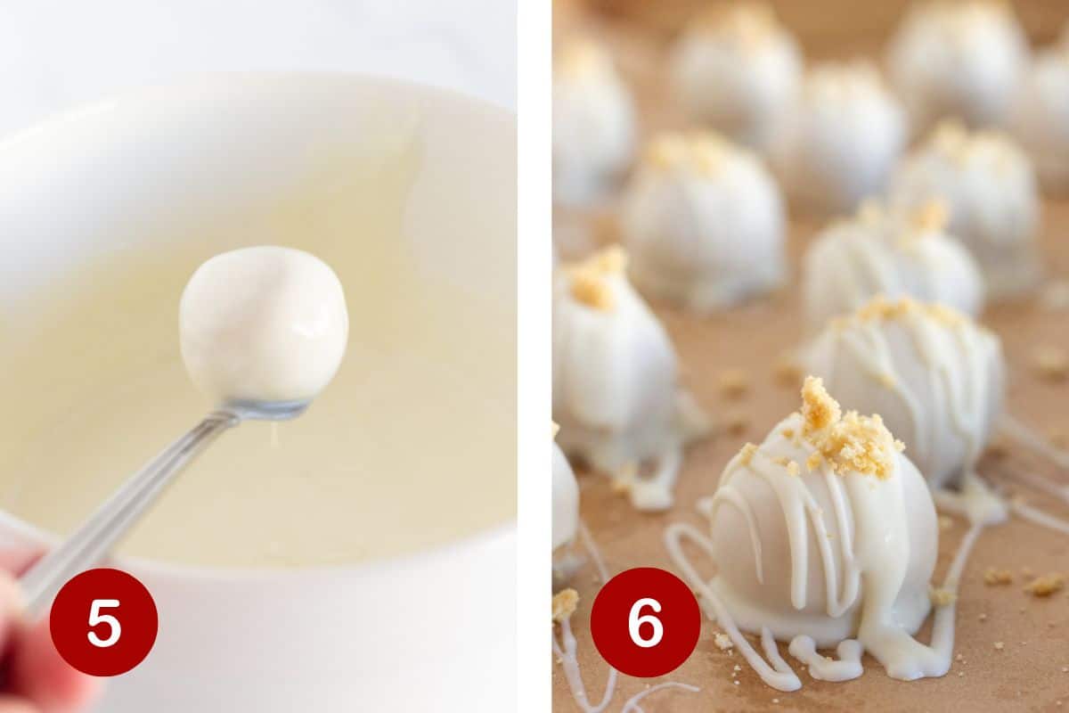 Dipping the truffles in chocolate and adding cookie crumbs to the top of each truffle.