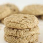 3 cake mix oatmeal cookies stacked on each other.