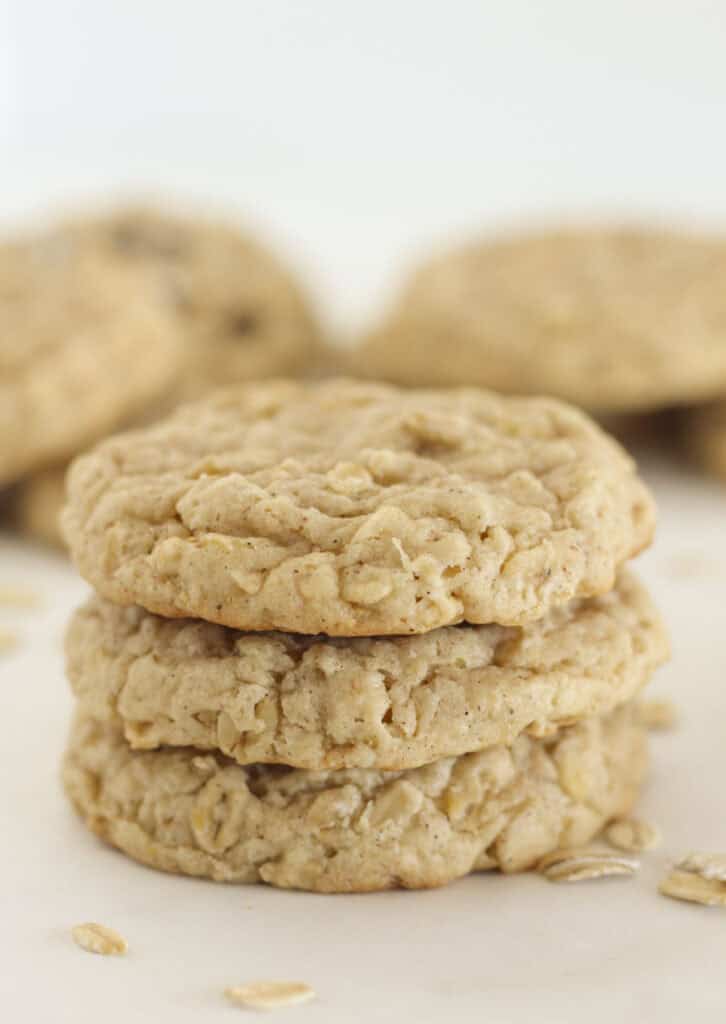 3 cake mix oatmeal cookies stacked on each other.