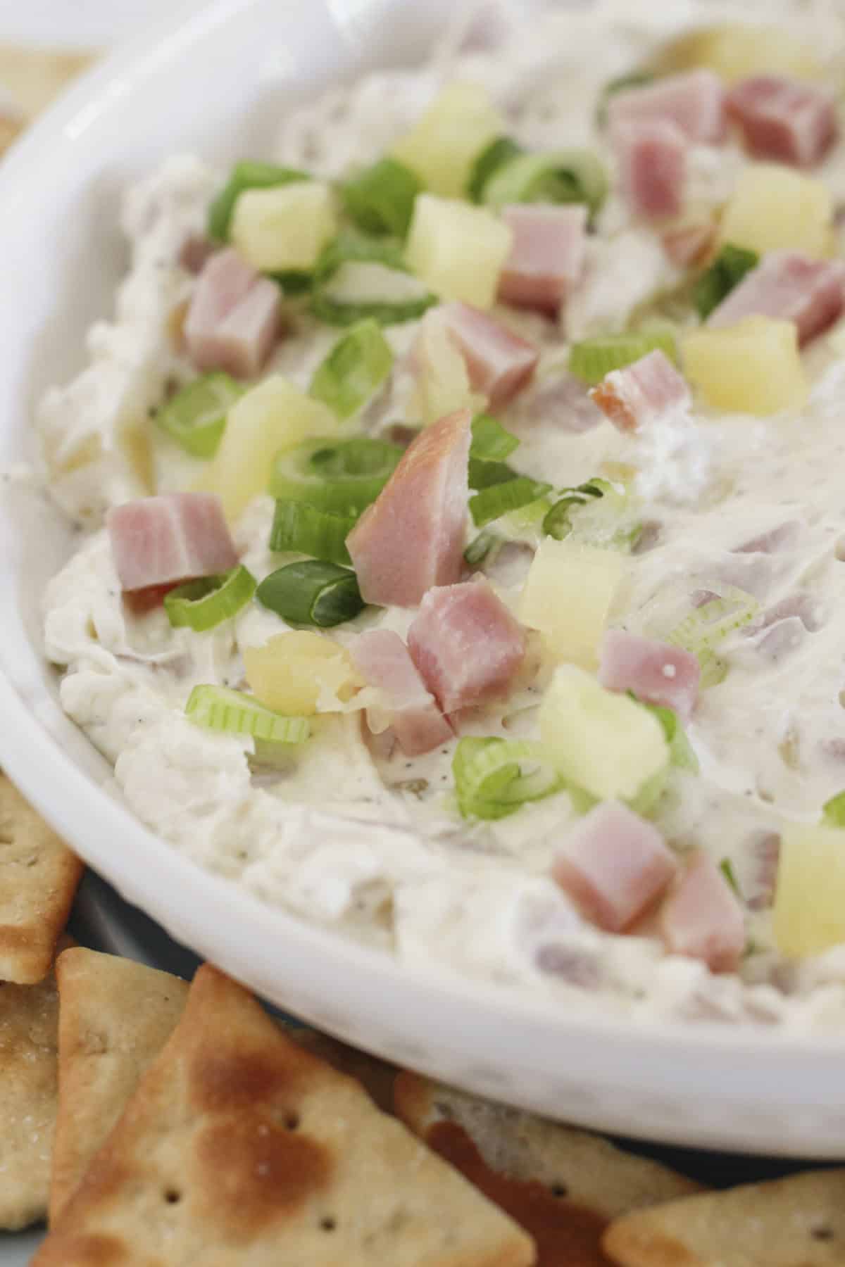 Hawaiian dip in a white bowl and ready to serve!