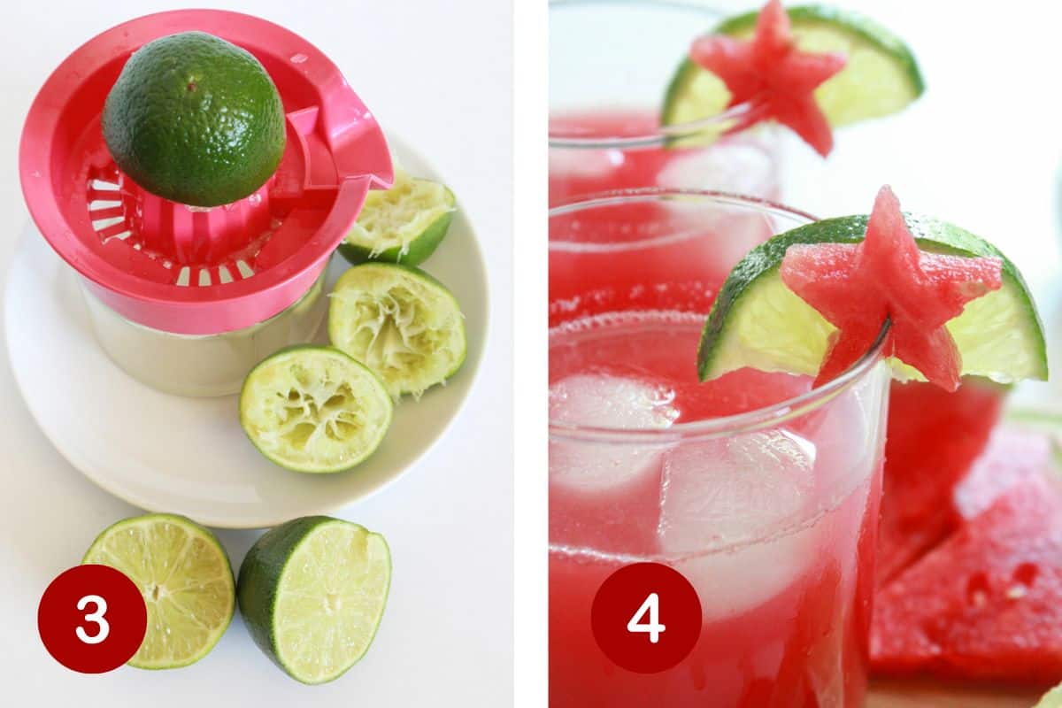 Juicing limes and serving watermelon limeade recipe over ice.