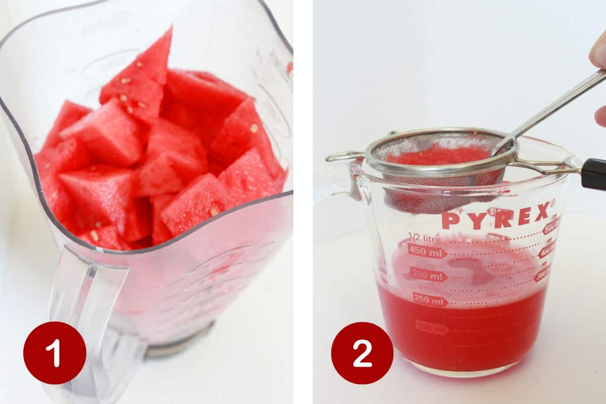 Making watermelon juice in the blender with fresh watermelon for watermelon limeade.