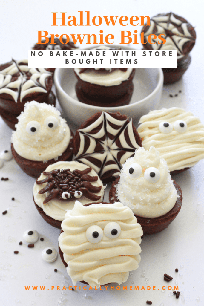 Halloween Brownie Bites Recipe featured by top US food blog, Practically Homemade | halloween brownie bites | halloween brownies | halloween desserts | spider web brownies | mummy brownies | ghost brownies | spider brownies | 