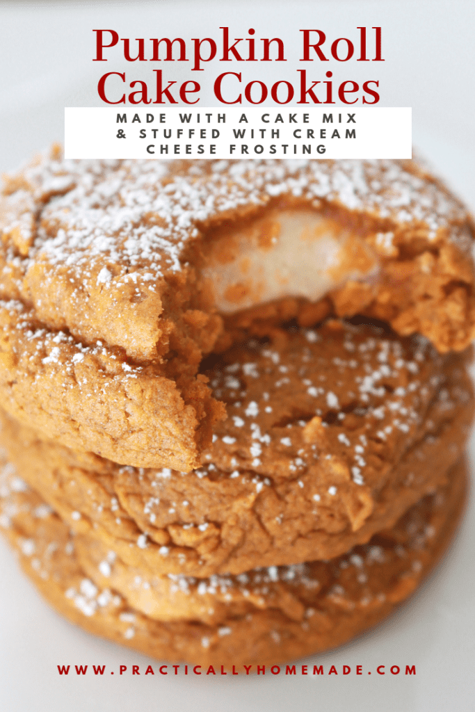 Pumpkin Roll Cookies Recipe featured by top US food blog, Practically Homemade | pumpkin roll cake cookies | pumpkin roll cookies | pumpkin roll cream cheese | pumpkin cookies | cake mix cookies | pumpkin desserts | pumpkin roll easy | fall desserts