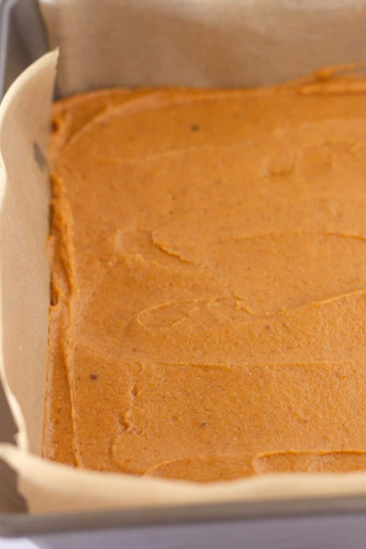 Pumpkin cake batter in prepared pan.