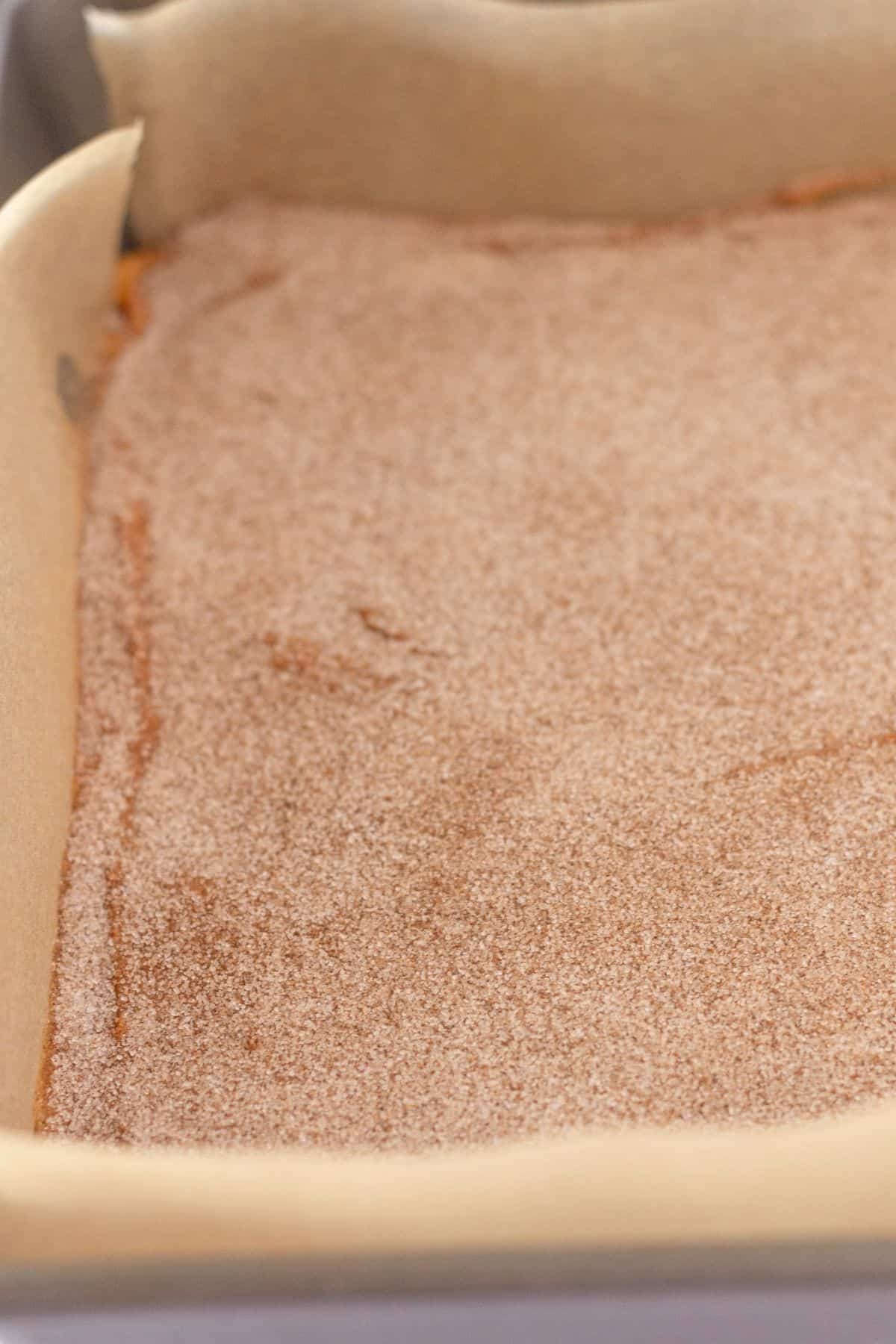 Sprinkling pumpkin cake batter with cinnamon sugar.