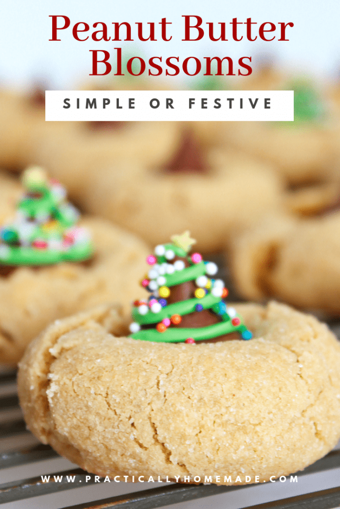 Peanut Butter Blossoms Recipe featured by top US cookies blog, Practically Homemade | peanut butter blossoms, peanut butter blossom cookies, peanut butter kiss cookies, peanut butter kiss cookies christmas, hershey kiss cookies, christmas cookies