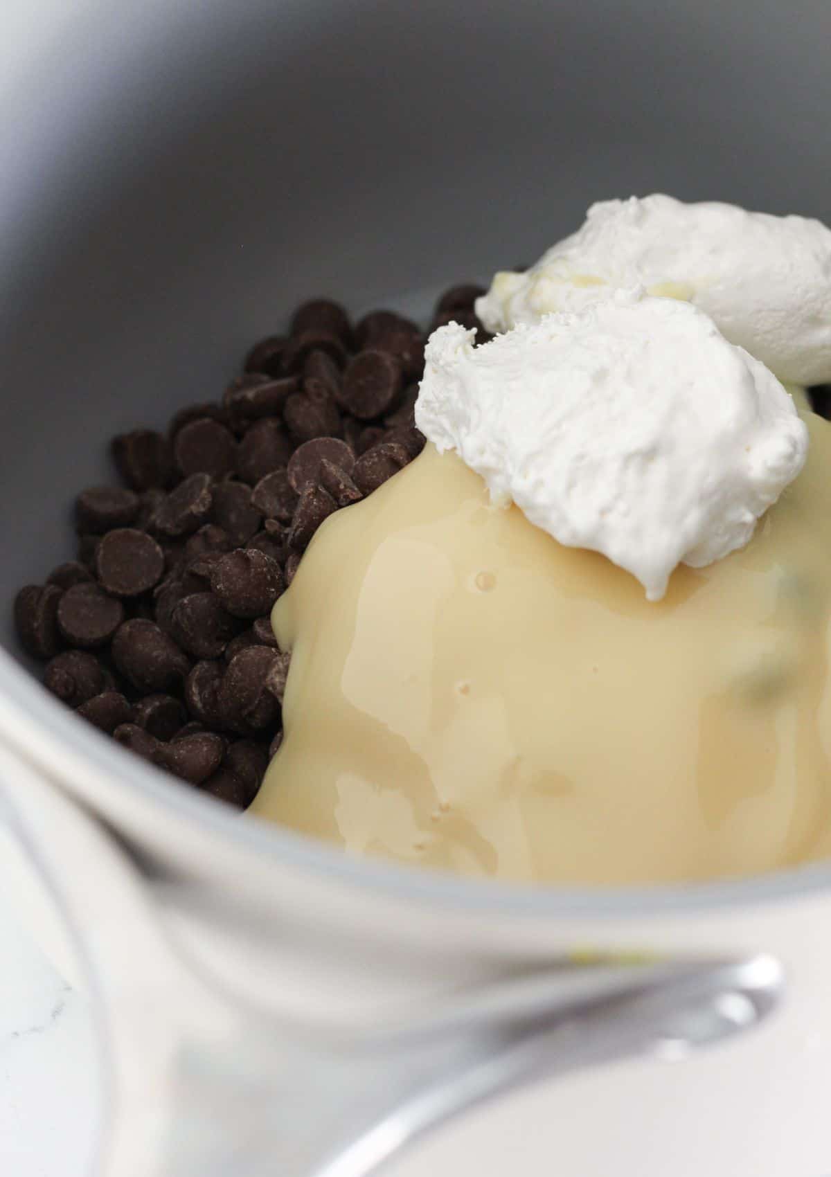 The chocolate layer ingredients in a sauce pan.