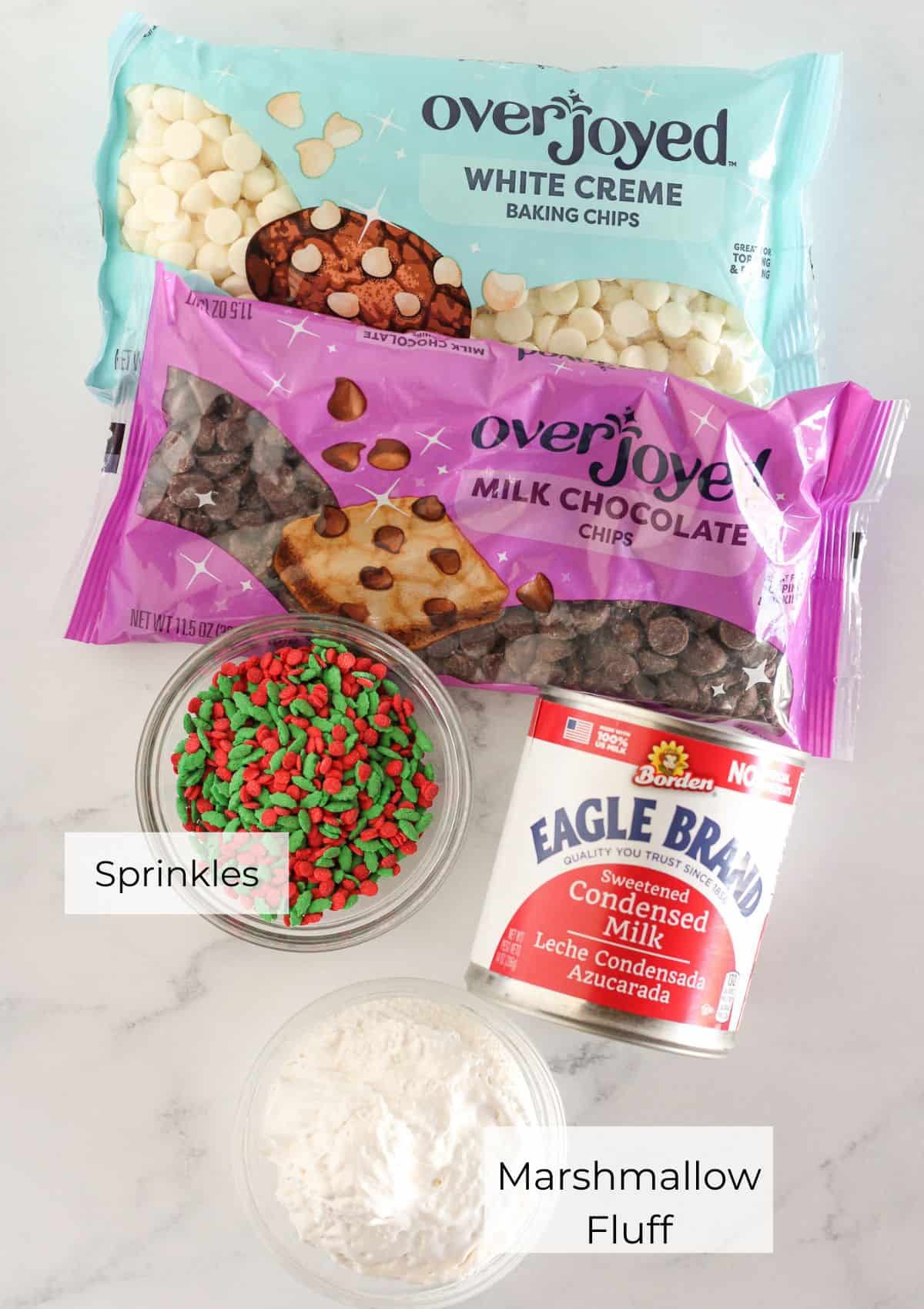 The ingredients needed to make double layer holiday fudge.