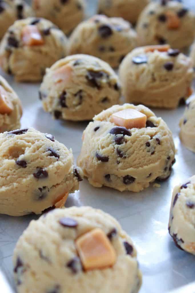 Salted Caramel Chocolate Chip Cookies Recipe featured by top US food blog, Practically Homemade: Cookie Dough