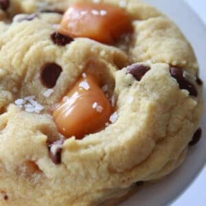 Salted Caramel Chocolate Chip Cookies Recipe featured by top US food blog, Practically Homemade