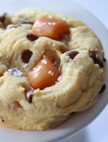 Salted Caramel Chocolate Chip Cookies Recipe featured by top US food blog, Practically Homemade