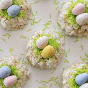 Rice Krispie Easter Nests on a plate to be served.