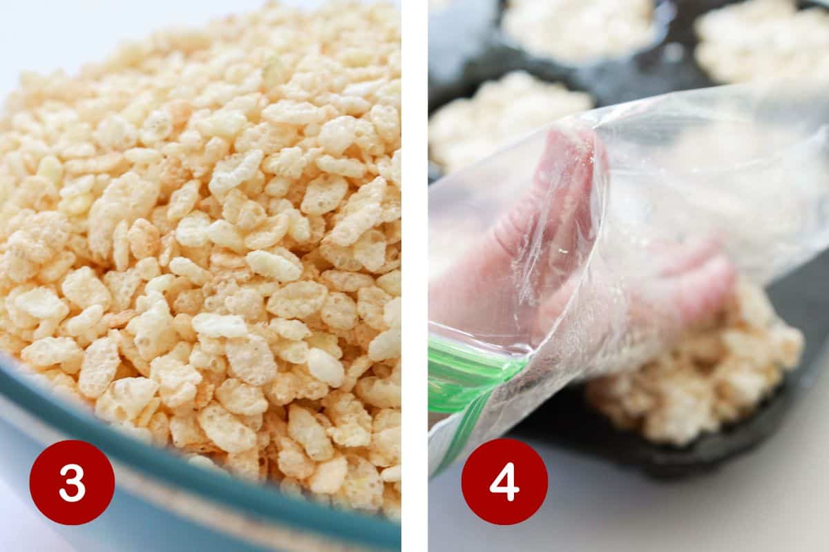 Adding the rice cereal to the melted marshmallow and then dividing the mixture in the pan.