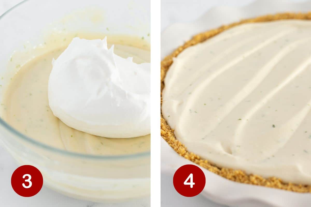 Adding whipped cream to the filling and pouring the key lime filling into the crust.