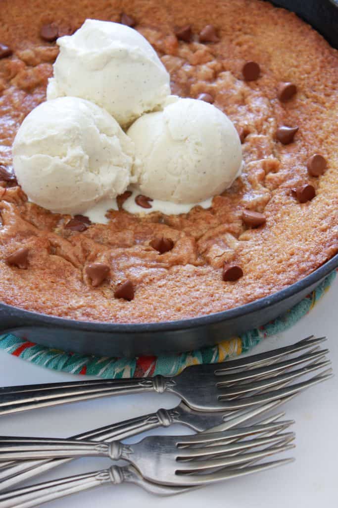 Chocolate Chip Skillet Pizookie served family style