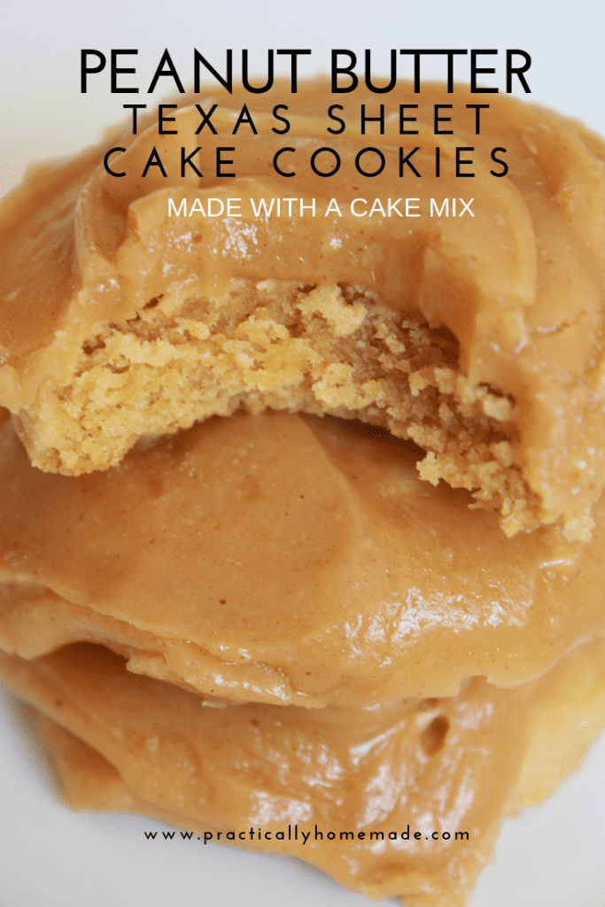 Easy Peanut Butter Texas Sheet Cake Cookies recipe featured by top US food blog, Practically Homemade: Peanut Butter Texas Sheet Cake Cookies | Texas Sheet Cake Cookies | Peanut Butter Cookies | Cake Mix Cookie