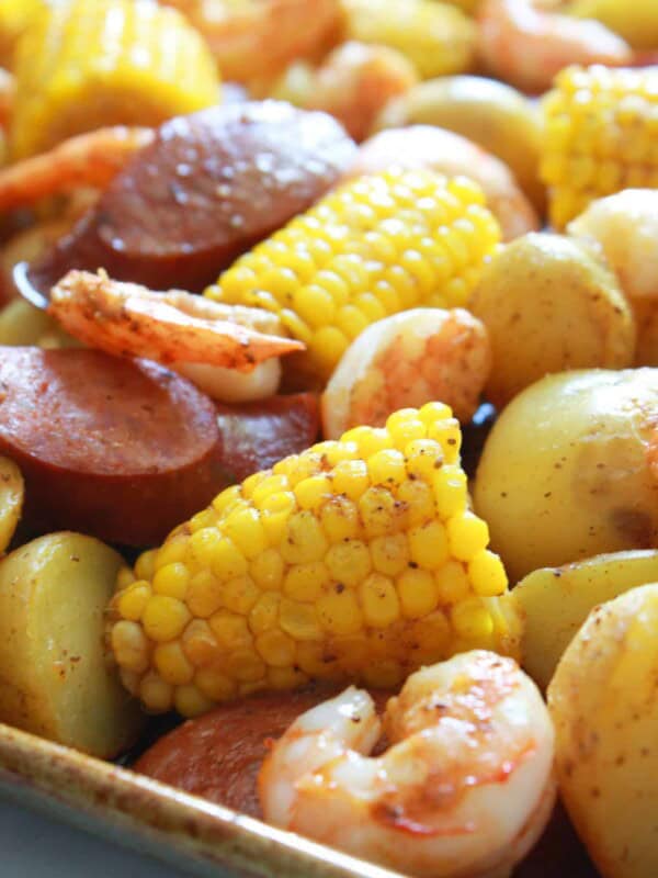 Sheet Pan Cajun Shrimp Boil Recipe featured by top US food blog, Practically Homemade