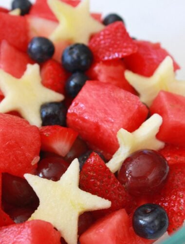 Red White and Blue Fruit Salad for the 4th a July, recipe featured by top US food blog, Practically Homemade