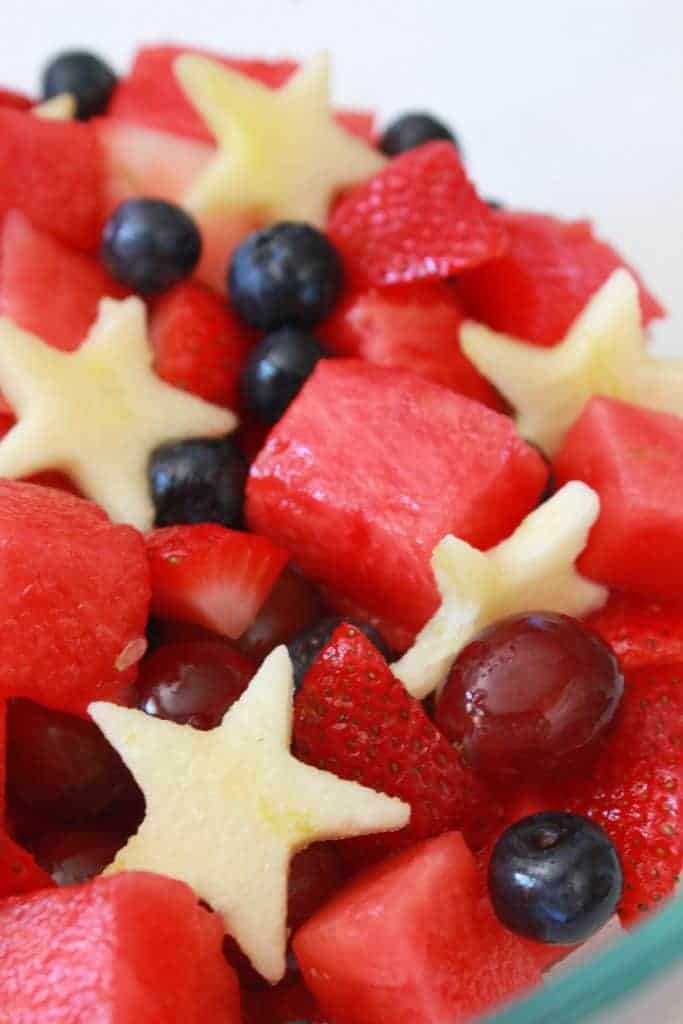 Red White and Blue Fruit Salad for the 4th a July, recipe featured by top US food blog, Practically Homemade