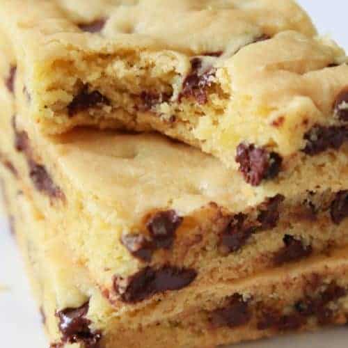 Soft & Chewy Easy Chocolate Chip Cookie Bars featured by top US food blog, Practically Homemade