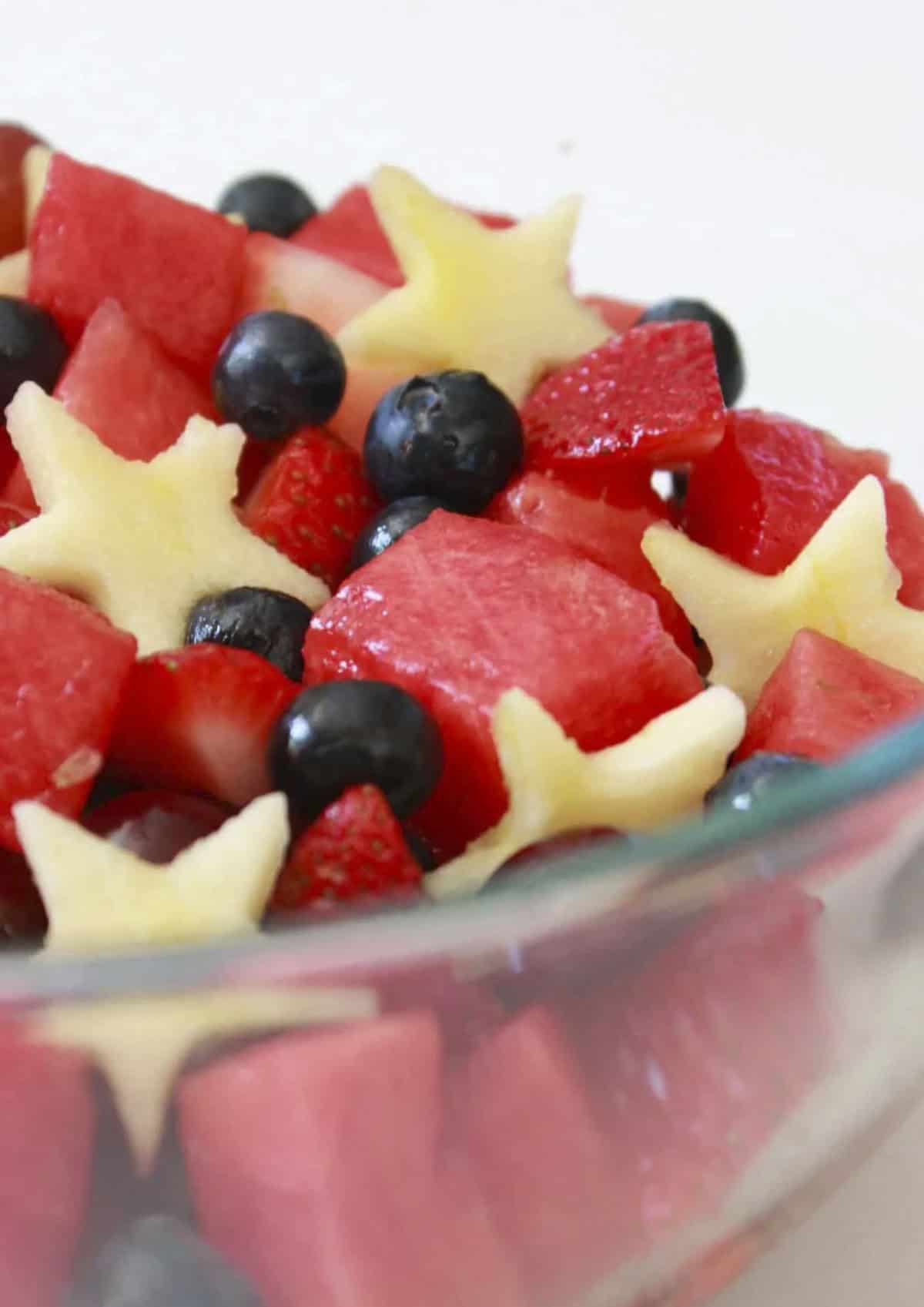 4th of July Fruit Salad in a bowl and ready to serve.