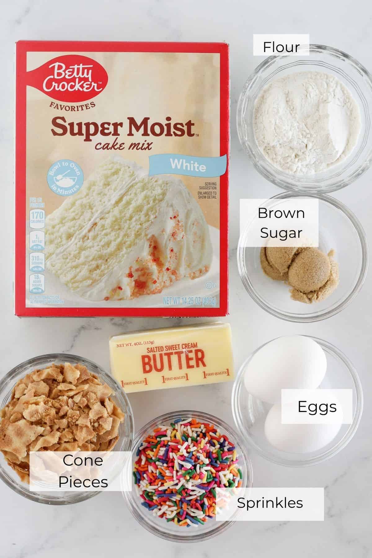 The ingredients needed to make ice cream sundae cookies with a cake mix.