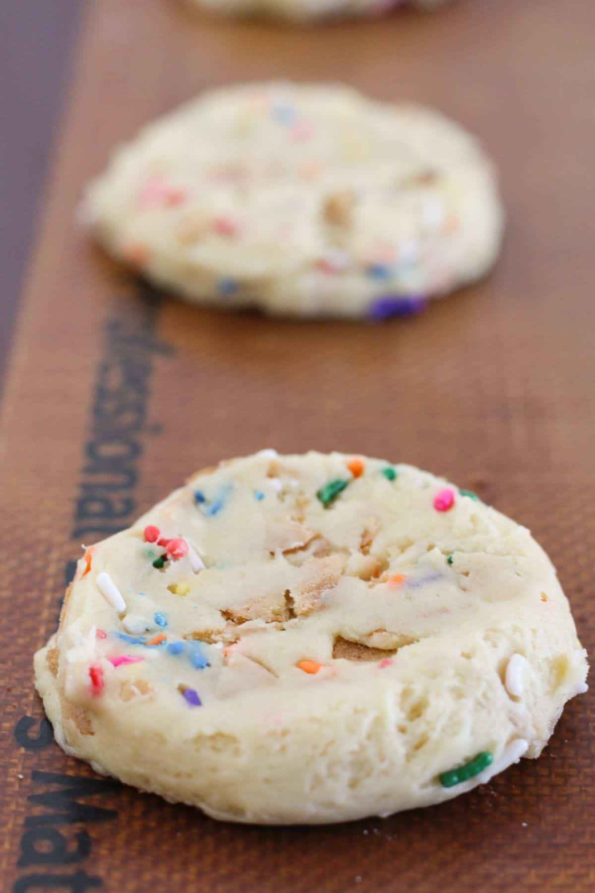 Cookie dough on a baking sheet and ready to bake.