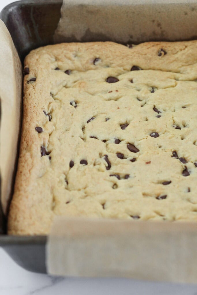 Golden brown cookie bars in the pan after baking.