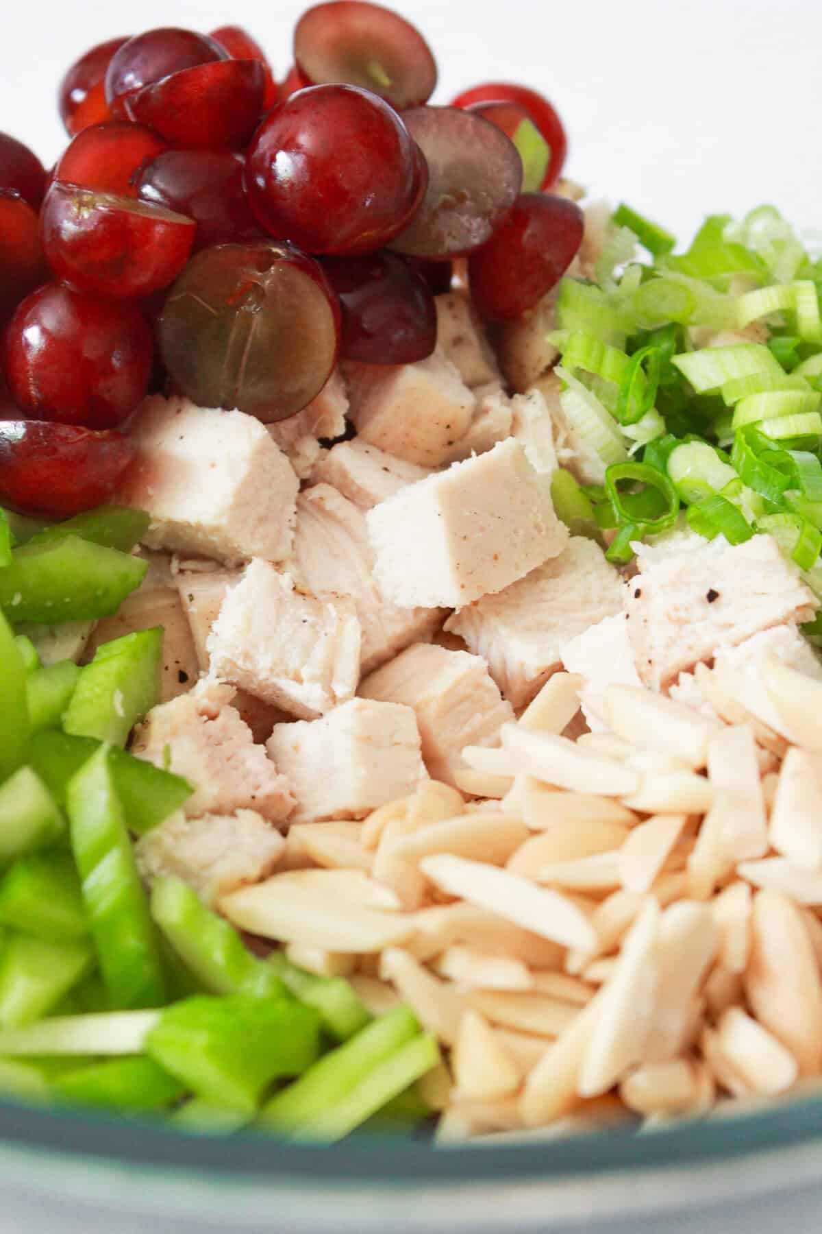 Chicken, slivered almonds, red grapes, celery, and green onions in a bowl.