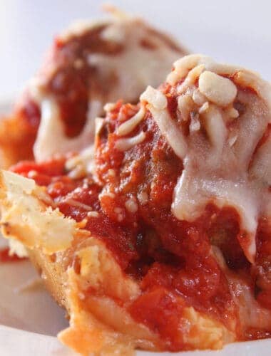 Meatball Sub Casserole Recipe featured by top US food blog, Practically Homemade