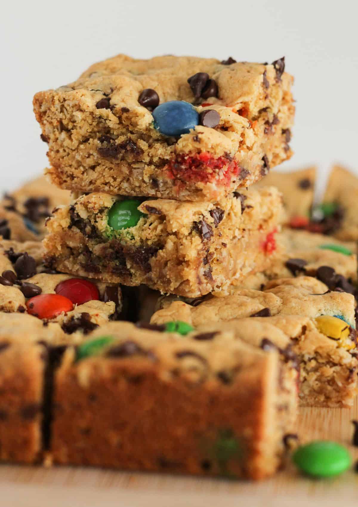 Monster Cookie Bars with oats and candy coated chocolates.