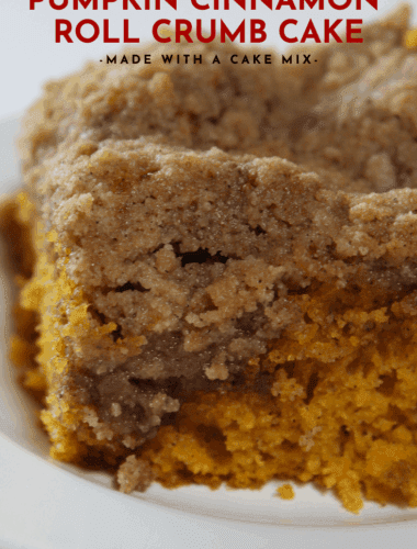 Pumpkin Cinnamon Roll Crumb Cake recipe featured by top US food blog, Practically Homemade