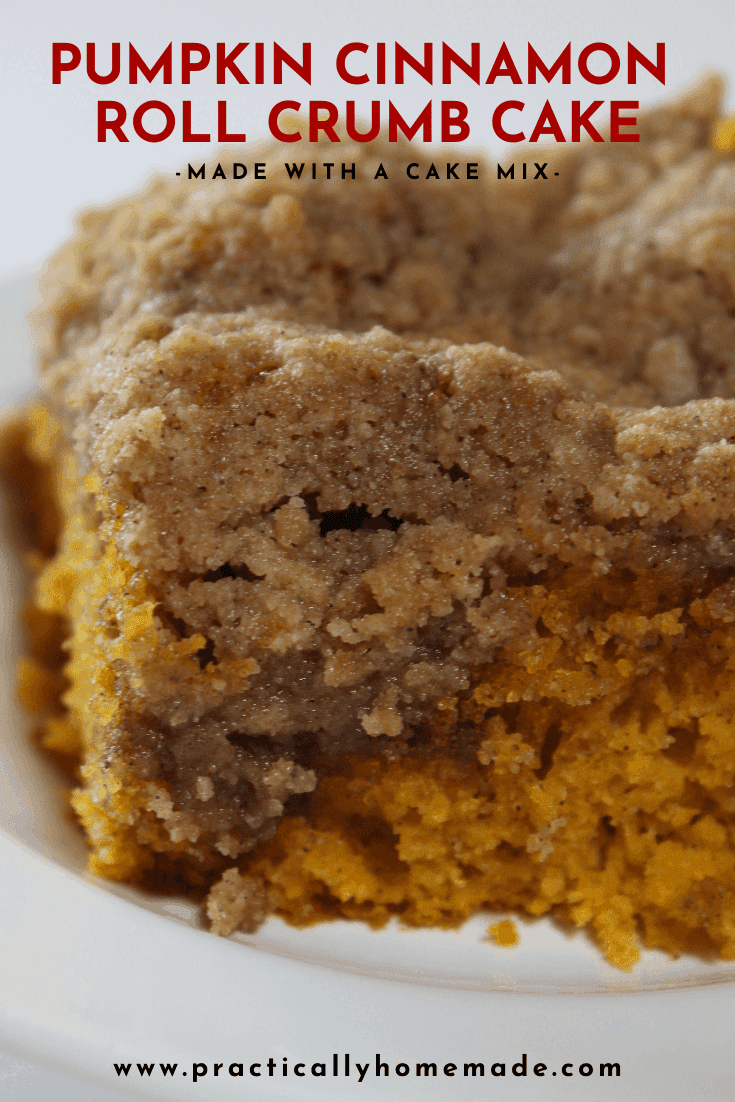 Pumpkin Cinnamon Roll Crumb Cake recipe featured by top US food blog, Practically Homemade