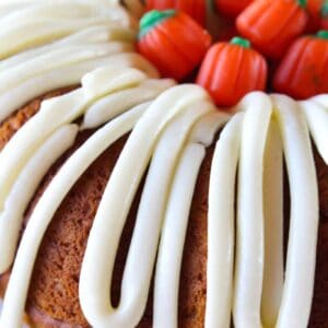 Pumpkin Spice Bundt Cake with Cream Cheese Frosting recipe featured by top US food blog, Practically Homemade