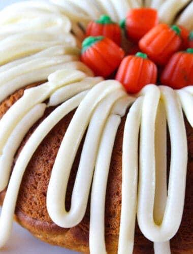 Pumpkin Spice Bundt Cake with Cream Cheese Frosting recipe featured by top US food blog, Practically Homemade