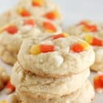 Candy corn sugar cookies stacked on each other.