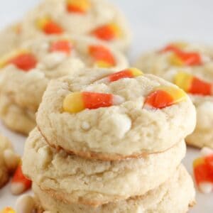 Candy corn sugar cookies stacked on each other.