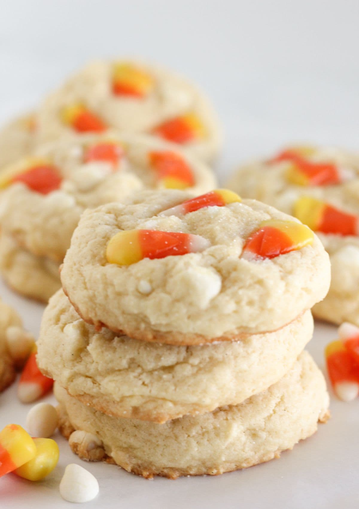 Candy corn sugar cookies stacked on each other.