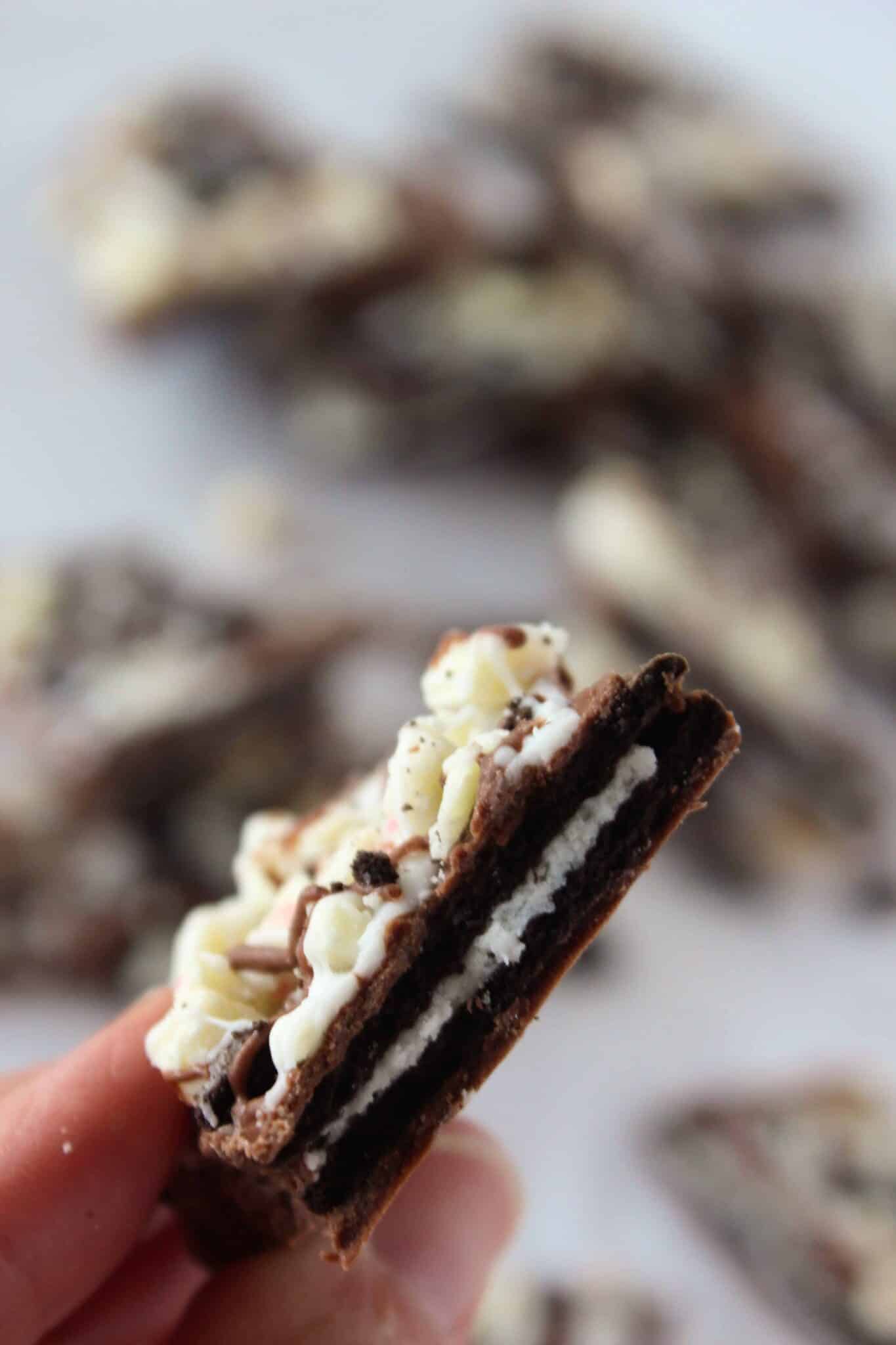 No Bake Peppermint Oreo Bark recipe featured by top US recipe blog, Practically Homemade