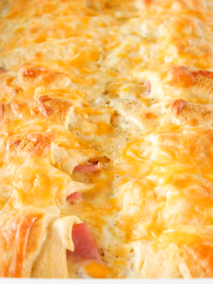 Hot and bubbly Ham Breakfast Casserole just taken out of the oven.