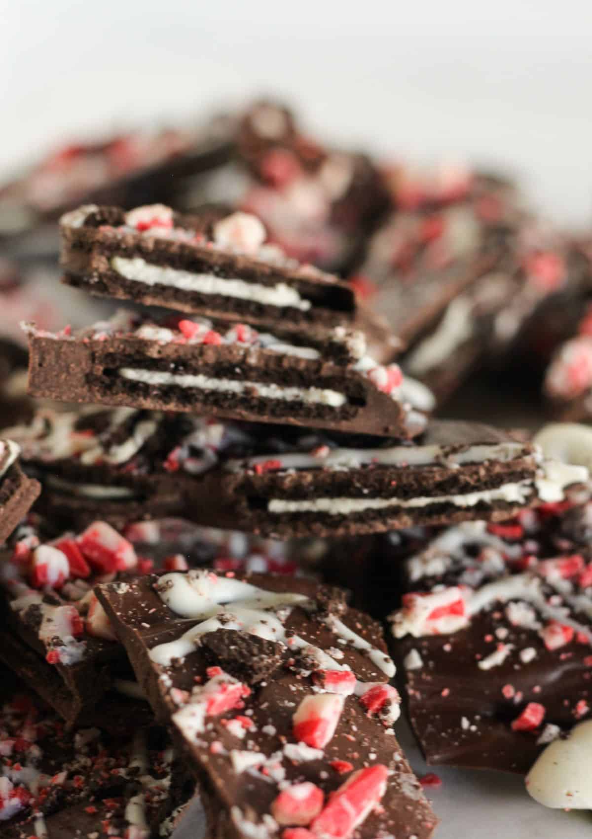 Peppermint Oreo Bark broke into pieces.
