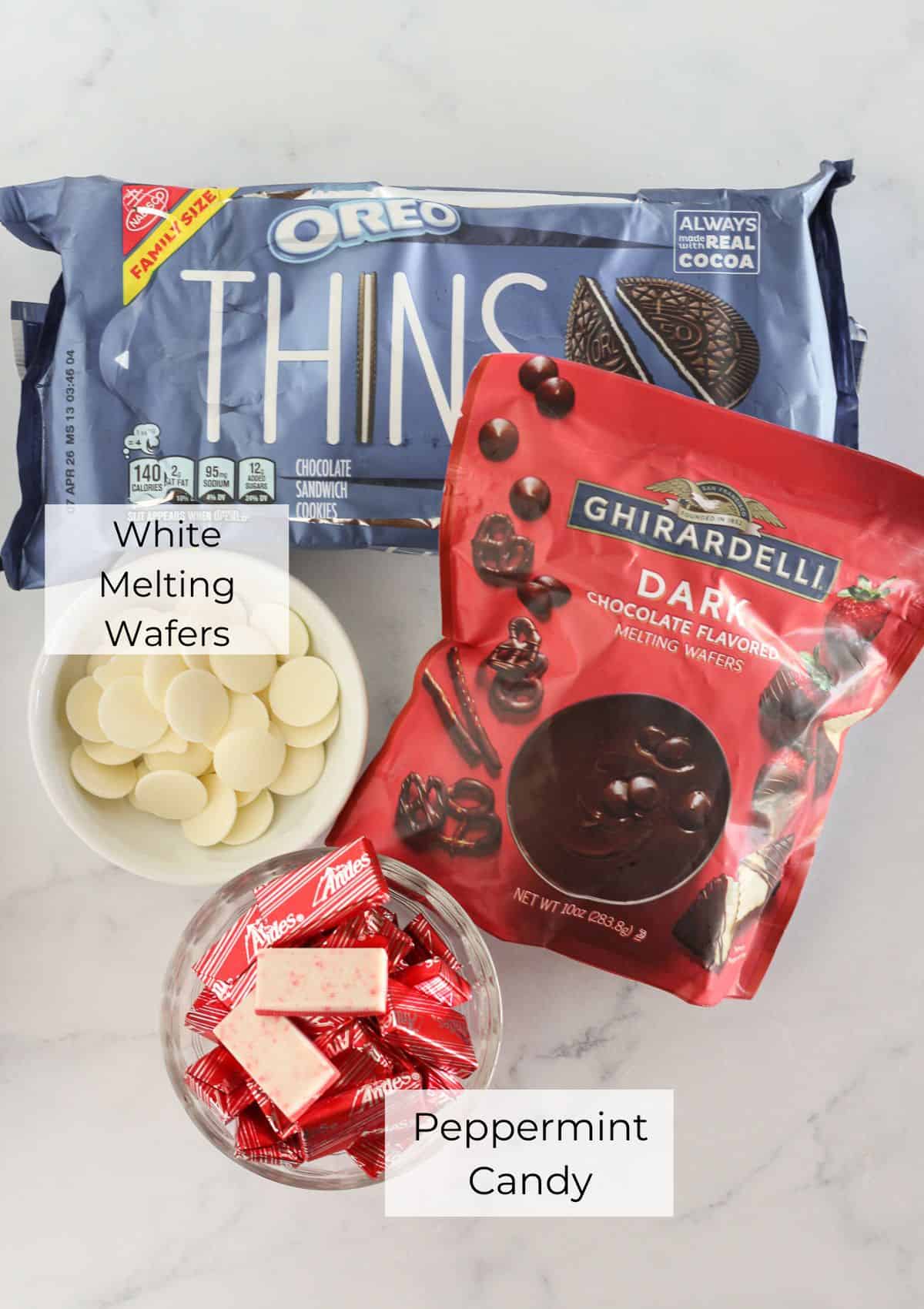 The ingredients needed to make peppermint Oreo bark.
