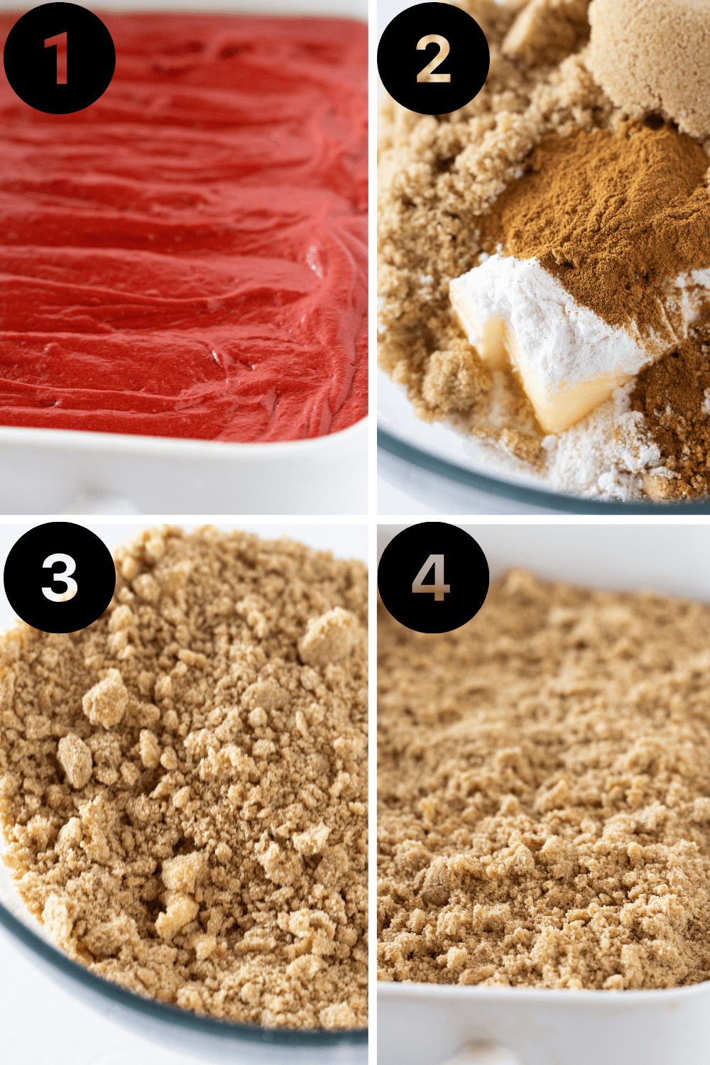 The steps for making the red velvet cake, crumb topping and assembling the cake.