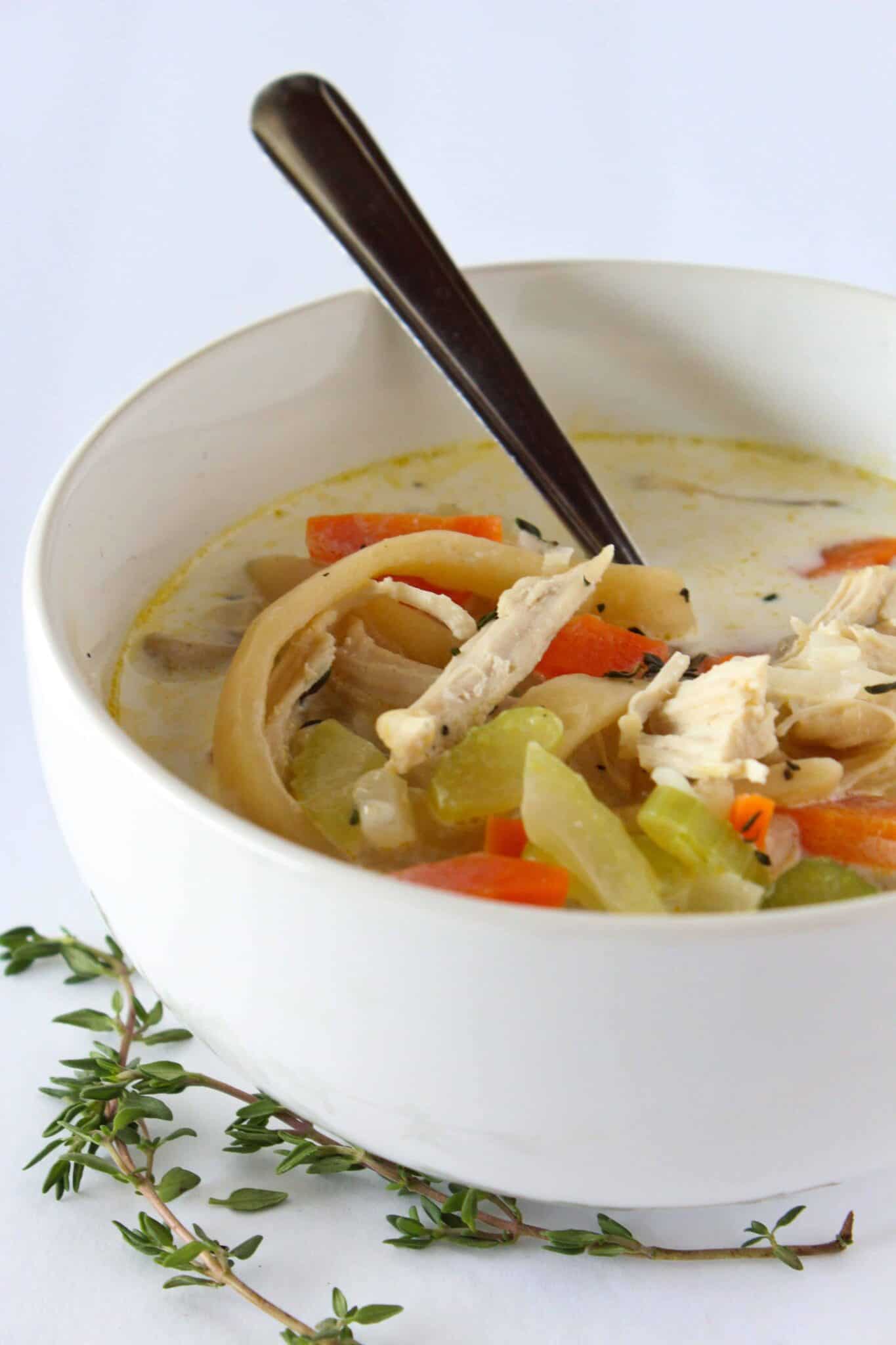 Creamy Chicken Noodle Soup Recipe featured by top US food blog, Practically Homemade