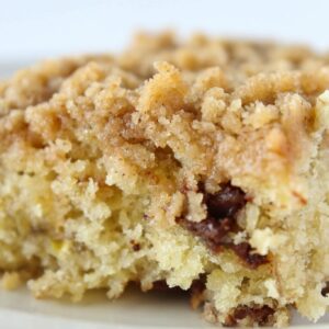 Banana Chocolate Chip Crumb Cake Recipe featured by top US desert blog, Practically Homemade